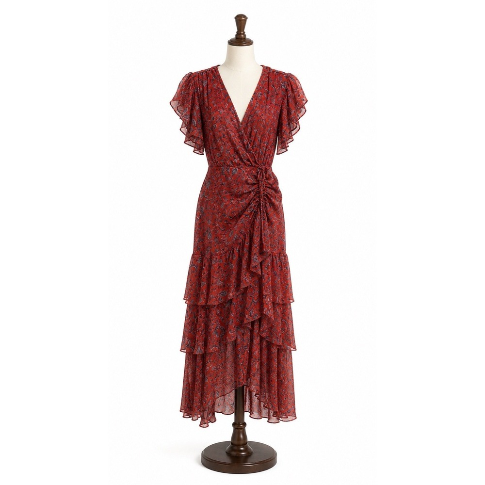 NWT MISA Dress Womens XS Red Sheer Ruffle Tiered Midi Paisley Boho Summer Ruched